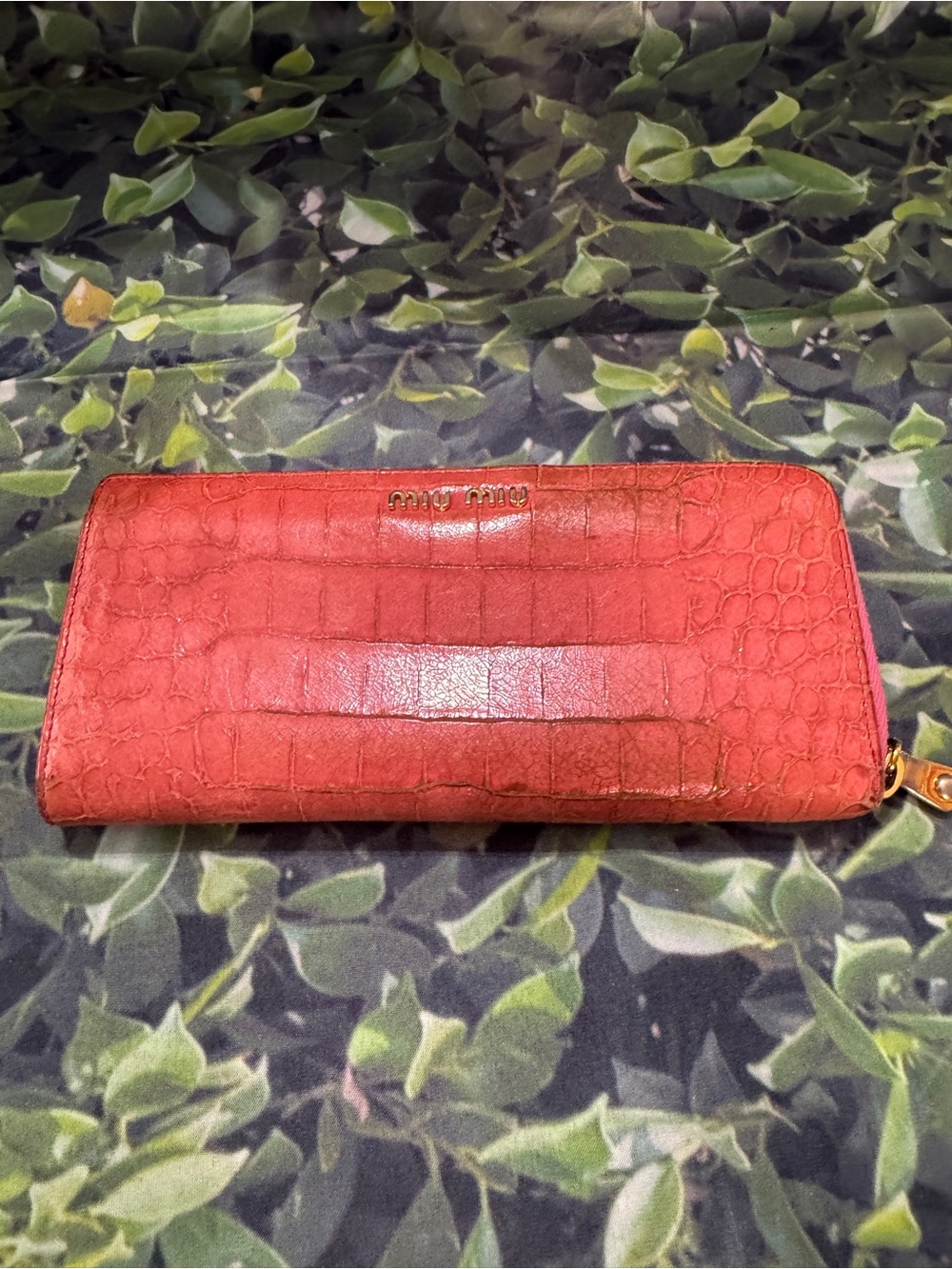 Miu Miu Coral Zip-Around Croc-Embossed Wallet